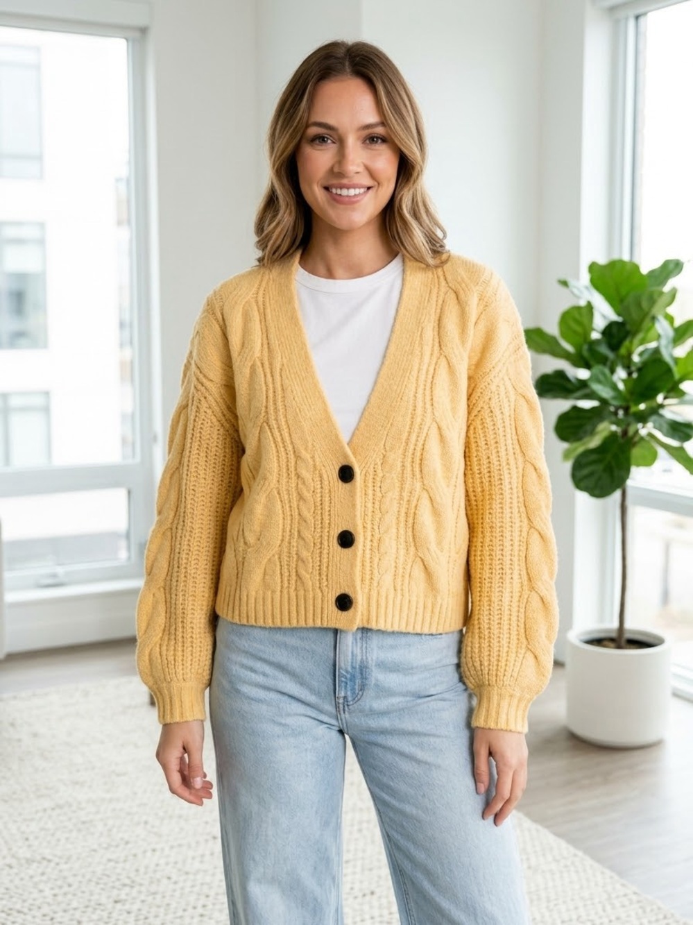 Love Tree Yellow Cable Knit V-Neck Button Front Cardigan, Women’s Size Medium